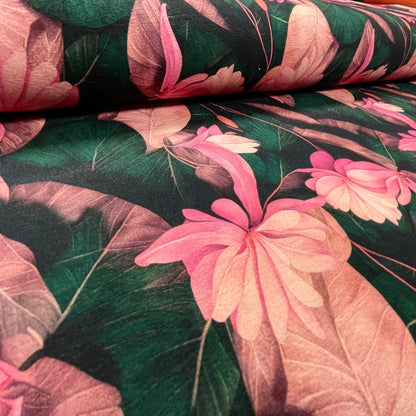 Baumwoll-Loopback-Jersey – rosa Blumen mit smaragdgrünen Blättern 250 g/m²