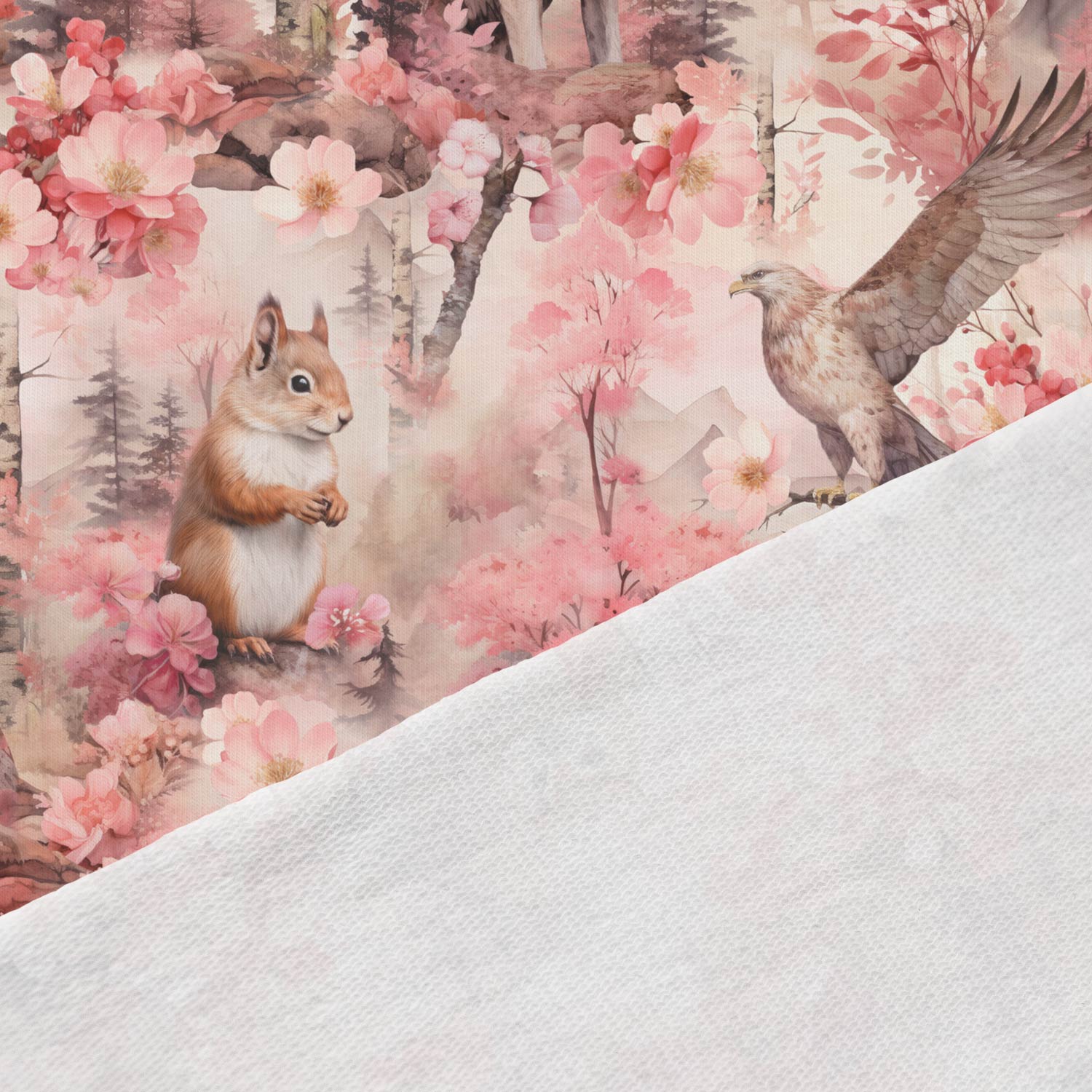 Image avec maille bouclette en coton - conte de forêt rose 250 g/m² – disponible chez Šarlotes audumi