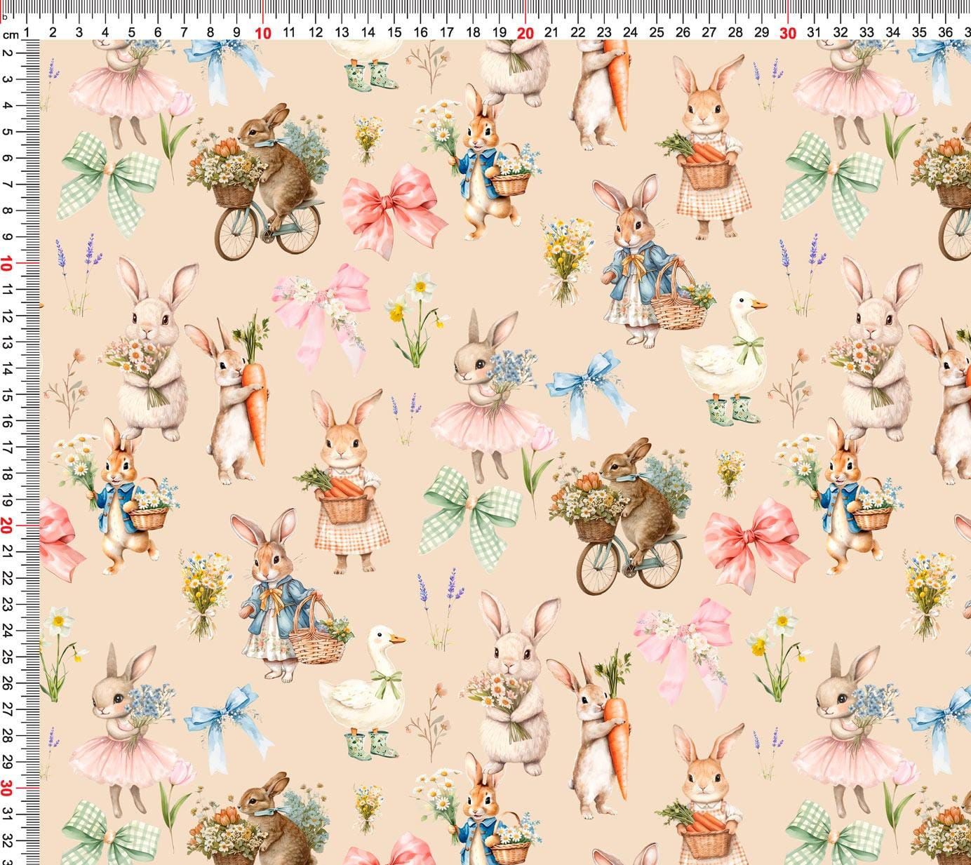 Attēls ar Kokvilnas cilpiņtrikotāža - trusīši uz bēsa fona 250 g/m² – pieejams Šarlotes audumi