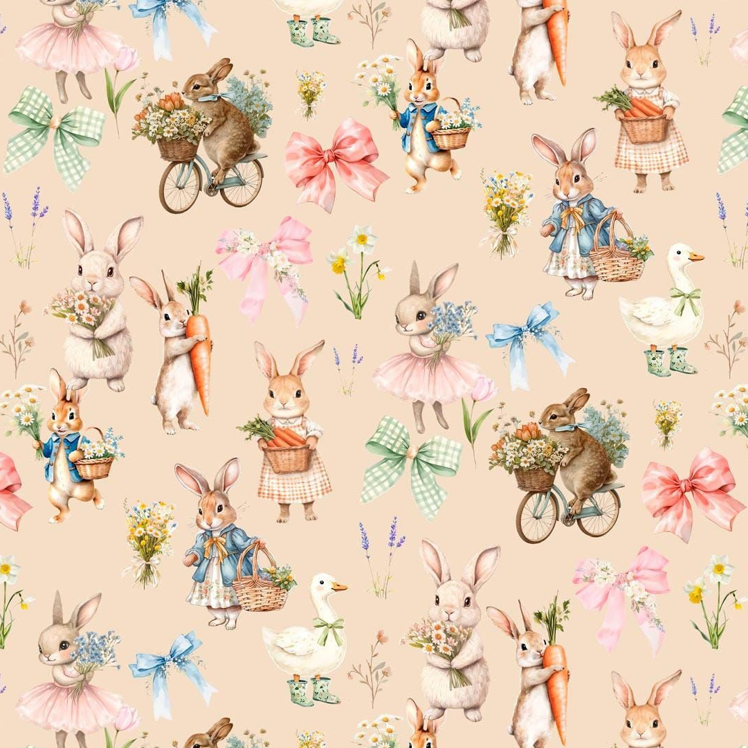 Attēls ar Kokvilnas cilpiņtrikotāža - trusīši uz bēsa fona 250 g/m² – pieejams Šarlotes audumi