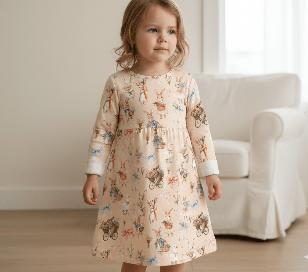 Attēls ar Kokvilnas cilpiņtrikotāža - trusīši uz bēsa fona 250 g/m² – pieejams Šarlotes audumi