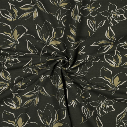 Tricot en coton à boucles - fleurs sur fond vert foncé 225 g/m²