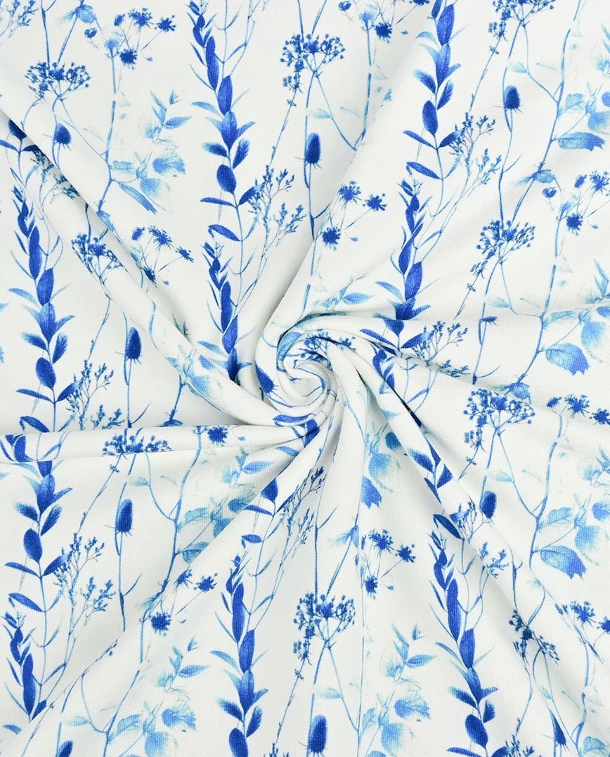 Attēls ar Kokvilnas cilpiņtrikotāža - zilās lapu stīgas 245 g/m² – pieejams Šarlotes audumi