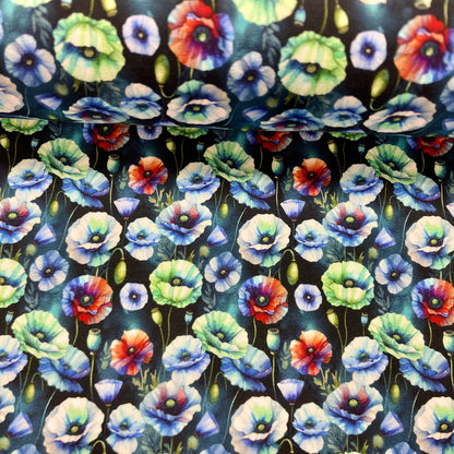 Tricot bouclette en coton - pavots bleus 260 g/m²