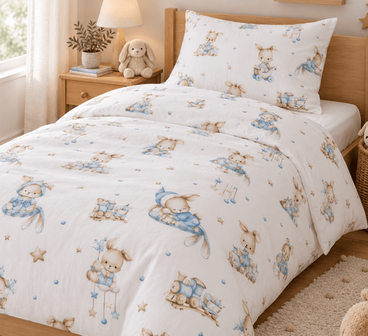 Image of cotton flannel with rabbits in blue accents – available online at Šarlotes audumi