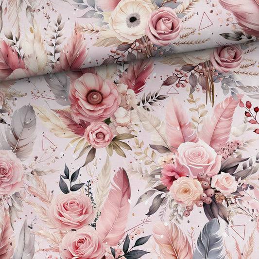 Kokvilnas trikotāža - boho puķes 200 g/m²