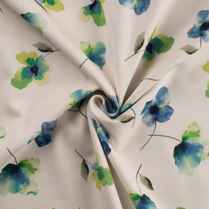 Image of cotton jersey with sky-blue flowers – available online at Šarlotes audumi