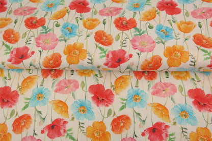Baumwolljersey – farbige Mohnblumen auf weißem Hintergrund 250 g/m²