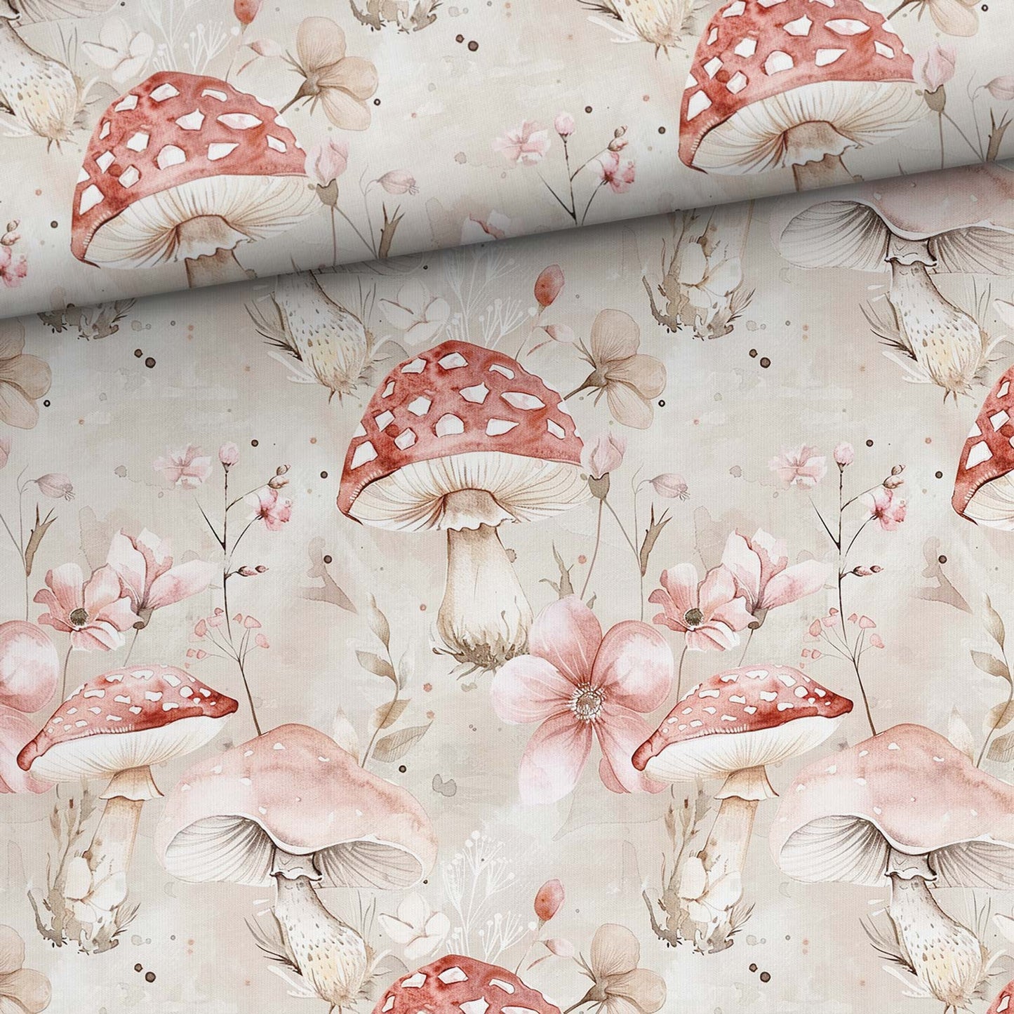 Attēls ar Kokvilnas trikotāža - sēnes ziedos 200 g/m² – pieejams Šarlotes audumi