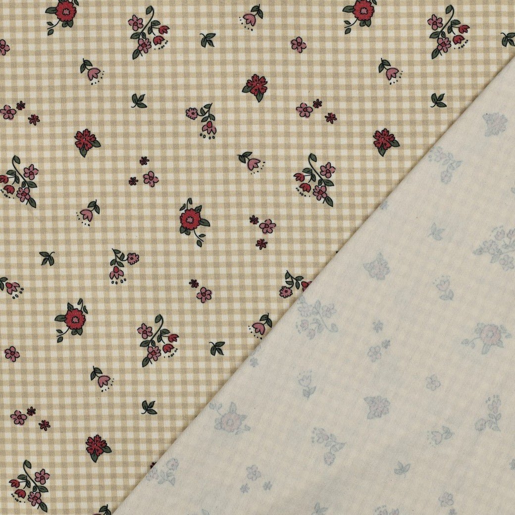 Attēls ar Kokvilnas trikotāža - smalki ziediņi uz rūtaina fona 220 g/m² (GOTS sert.) – pieejams Šarlotes audumi