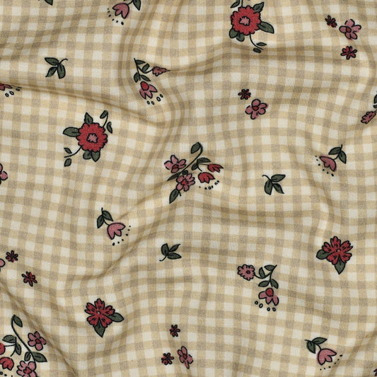 Attēls ar Kokvilnas trikotāža - smalki ziediņi uz rūtaina fona 220 g/m² (GOTS sert.) – pieejams Šarlotes audumi