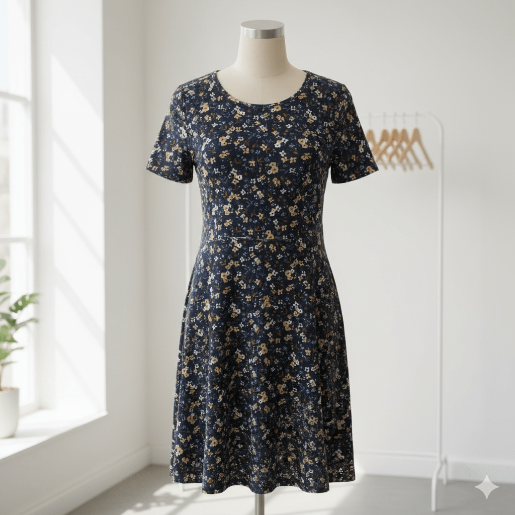 Attēls ar Kokvilnas trikotāža - smalki ziediņi uz tumši zila 200 g/m² – pieejams Šarlotes audumi