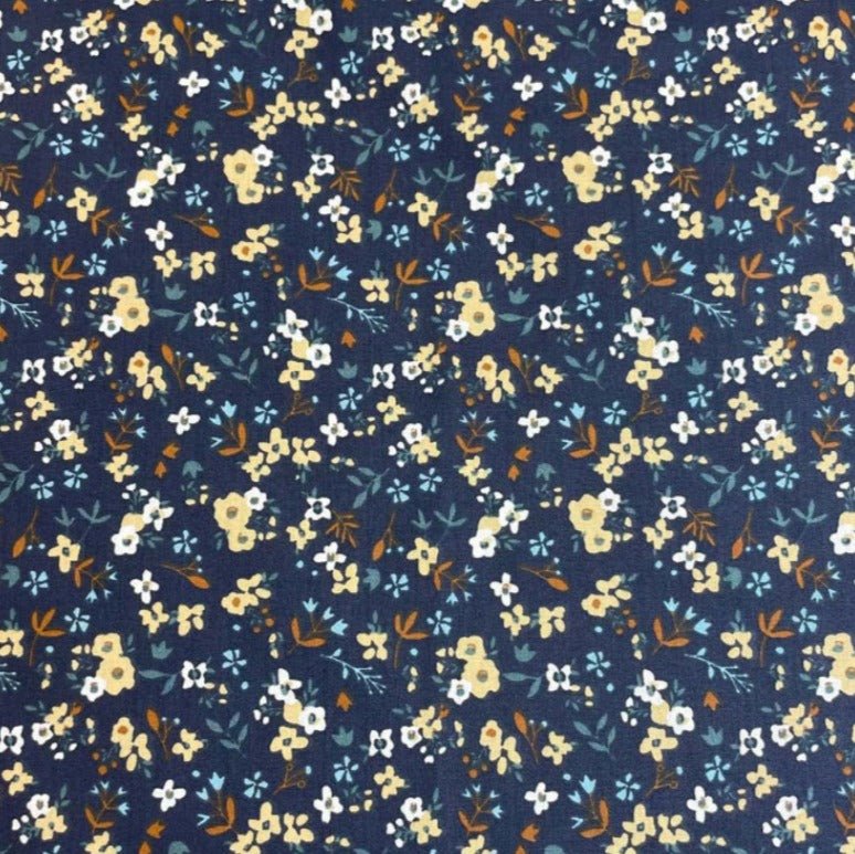 Attēls ar Kokvilnas trikotāža - smalki ziediņi uz tumši zila 200 g/m² – pieejams Šarlotes audumi