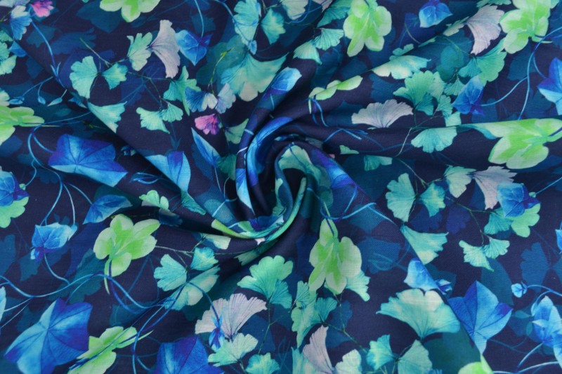 Linen with cotton - leaves on a blue background 170 g/m²