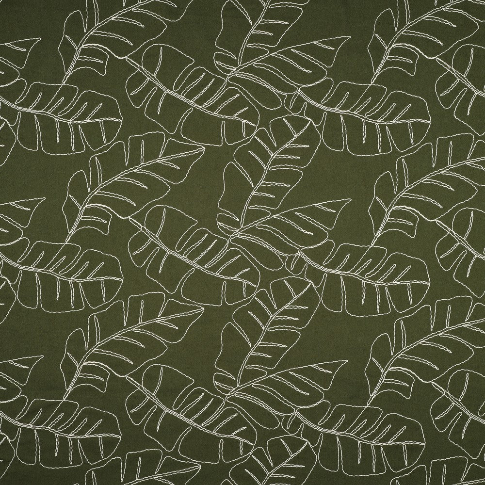 Image of linen with viscose-embroidered leaves on a green background 210 g/m² – available at Šarlotes audumi