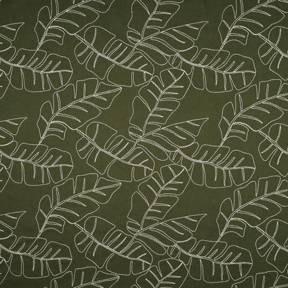 Image of linen with viscose-embroidered leaves on a green background 210 g/m² – available at Šarlotes audumi
