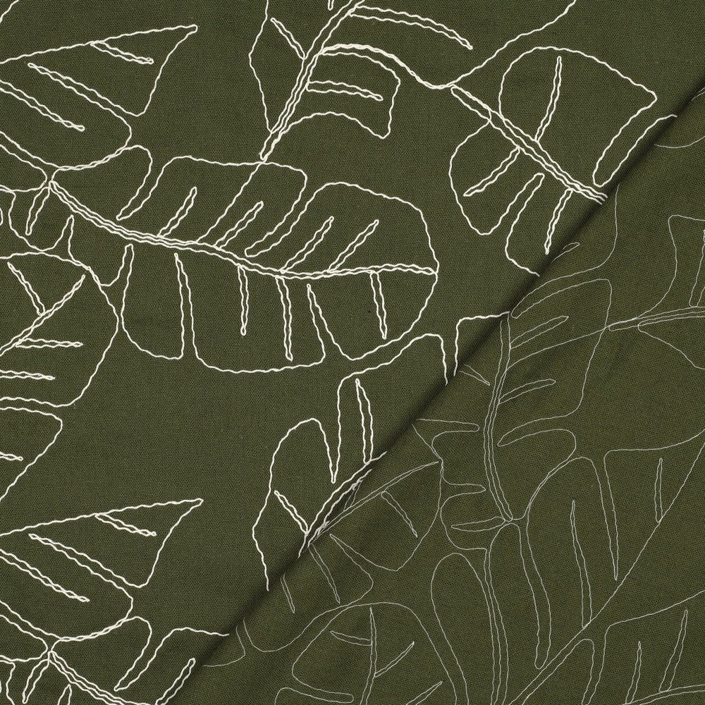 Image of linen with viscose-embroidered leaves on a green background, 210 g/m² – available at Charlotte's Fabrics