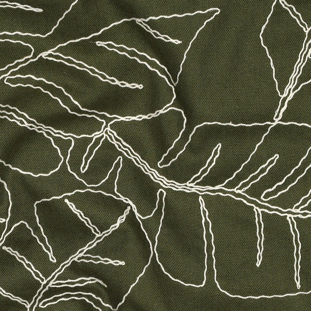 Linen with viscose-embroidered leaves on a green background 210 g/m² – available at Šarlotes audumi