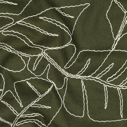 Linen with viscose-embroidered leaves on a green background 210 g/m² – available at Šarlotes audumi