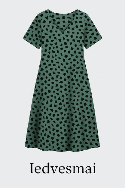 Linen with viscose - black dots on a dark mint background 180 g/m²