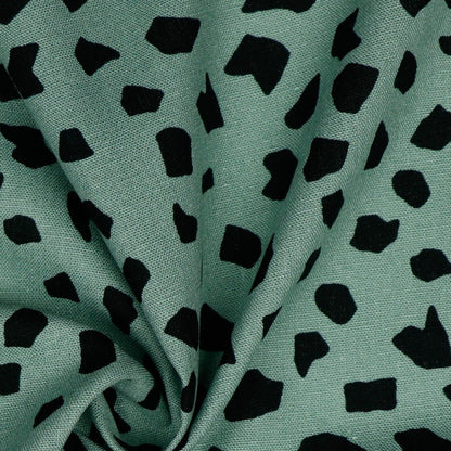 Linen with viscose - black dots on a dark mint background 180 g/m²