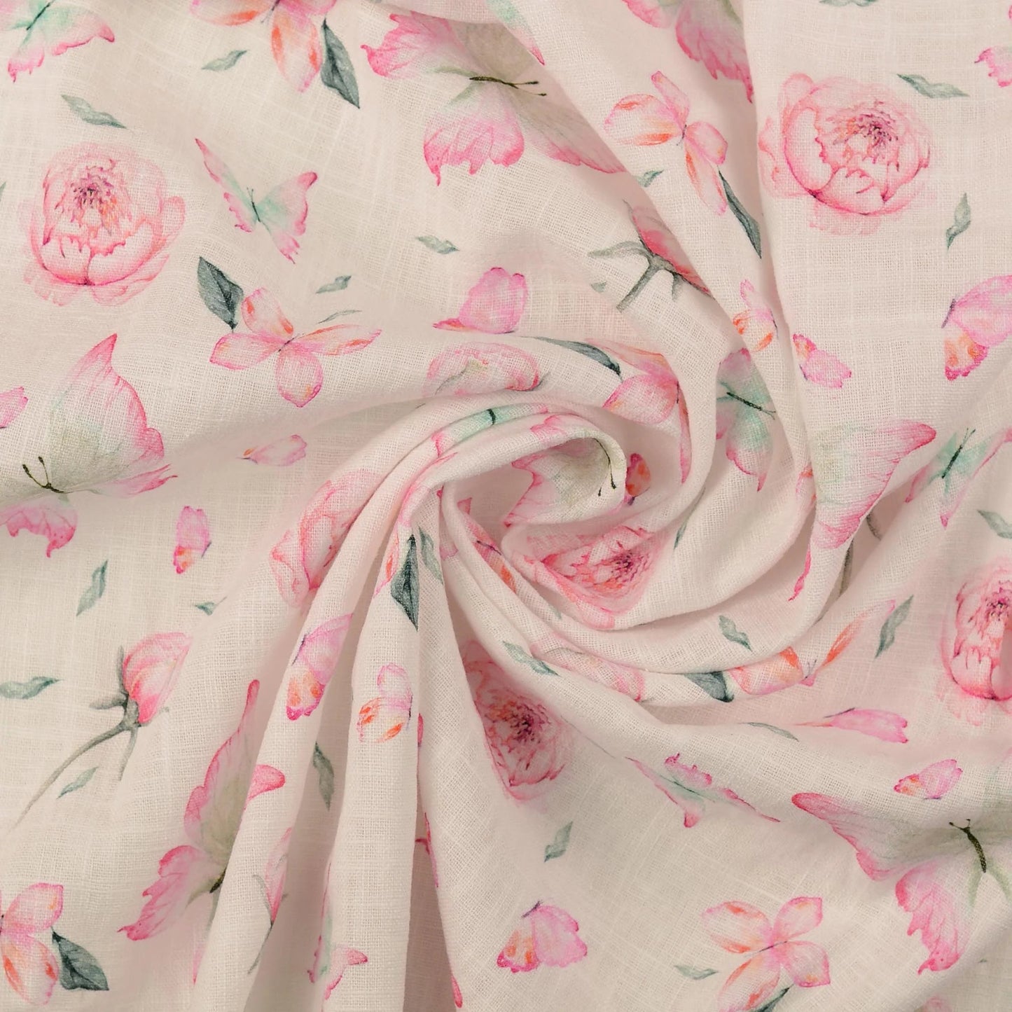 Attēls ar Lins ar viskozi - peonijas un taurenis 220 g/m² – pieejams Šarlotes audumi