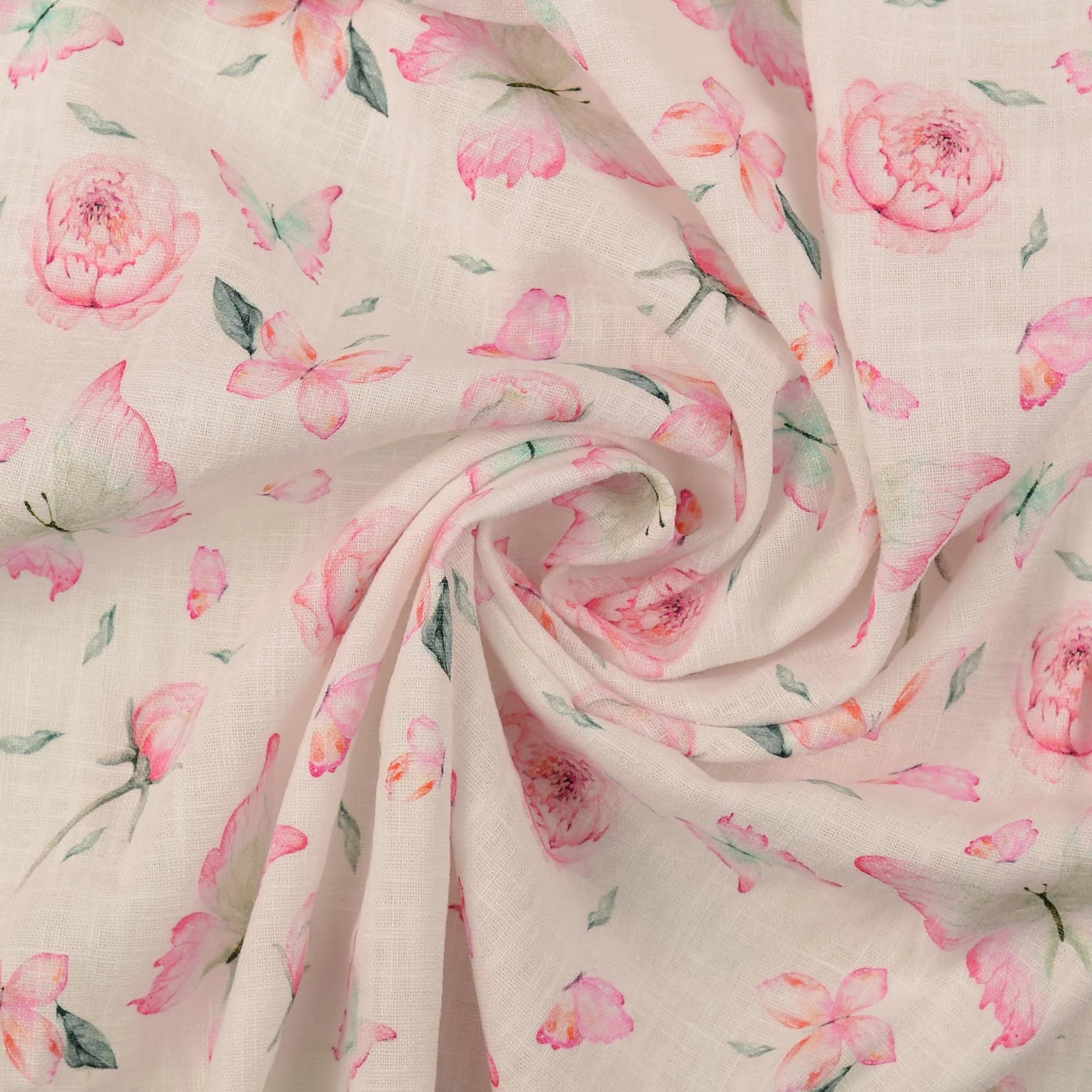 Attēls ar Lins ar viskozi - peonijas un taurenis 220 g/m² – pieejams Šarlotes audumi