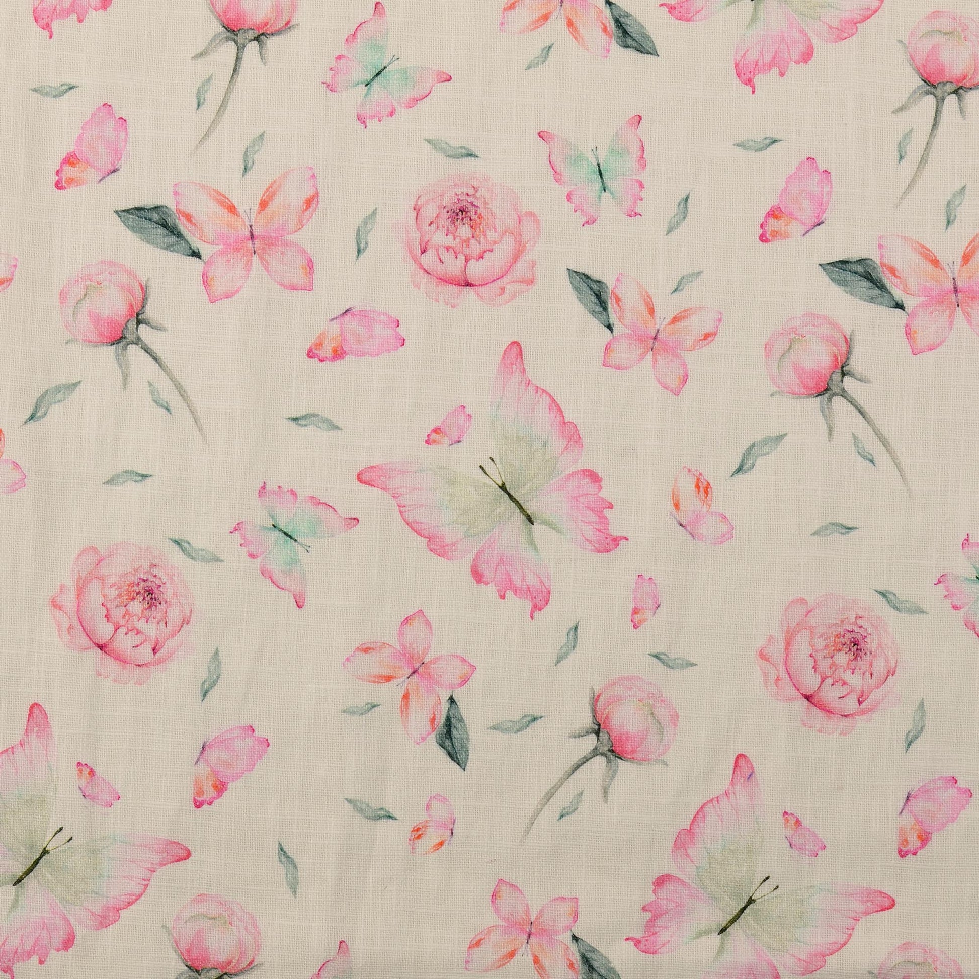 Attēls ar Lins ar viskozi - peonijas un taurenis 220 g/m² – pieejams Šarlotes audumi