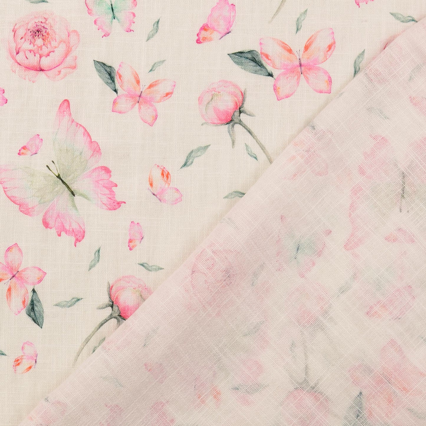 Attēls ar Lins ar viskozi - peonijas un taurenis 220 g/m² – pieejams Šarlotes audumi