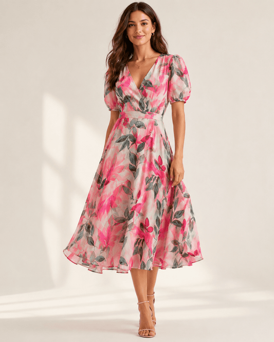 Image du tissu en lin et viscose - feuilles vertes et roses 180 g/m² – disponible chez Šarlotes audumi
