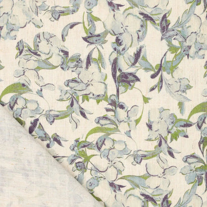 Image of linen with viscose - blue-green leaf motif 120 g/m² – available at Šarlotes audumi