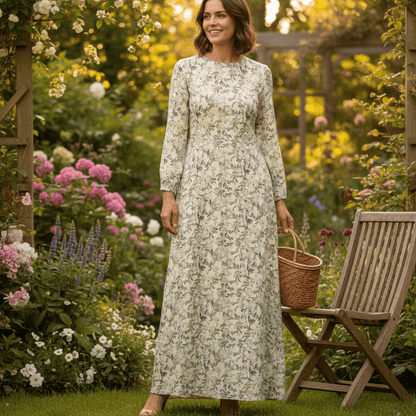 Image of linen with viscose - blue-green leaf motif 120 g/m² – available at Charlotte's Fabrics