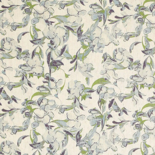 Attēls ar Lins ar viskozi - zili zaļš lapu motīvs 120 g/m² – pieejams Šarlotes audumi