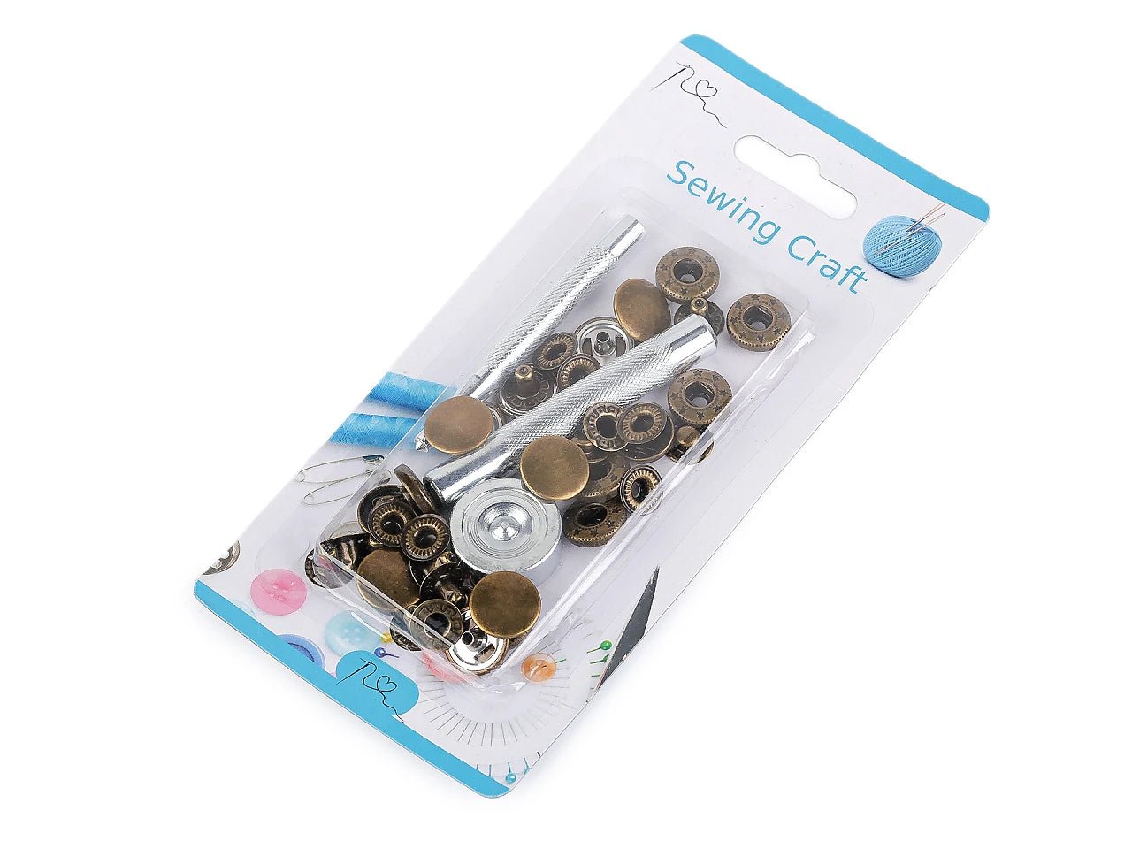 Attēls ar Metāla spiedpogas Ø15 mm ar rokas instrumentu|dažādu toņu – pieejams Šarlotes audumi