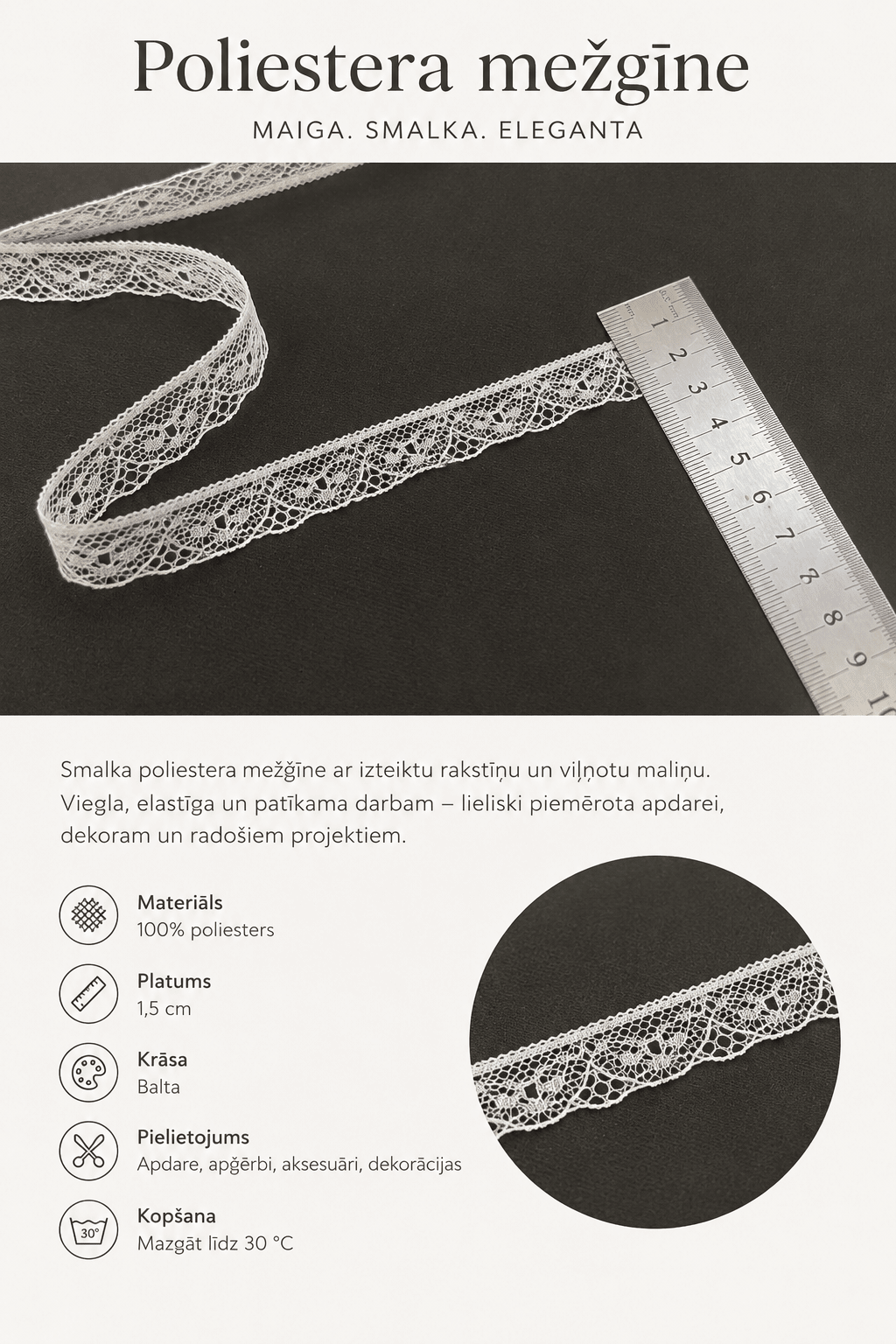 Attēls ar Mežģīne smalka 1,6 cm-balta – pieejams internetā Šarlotes audumi