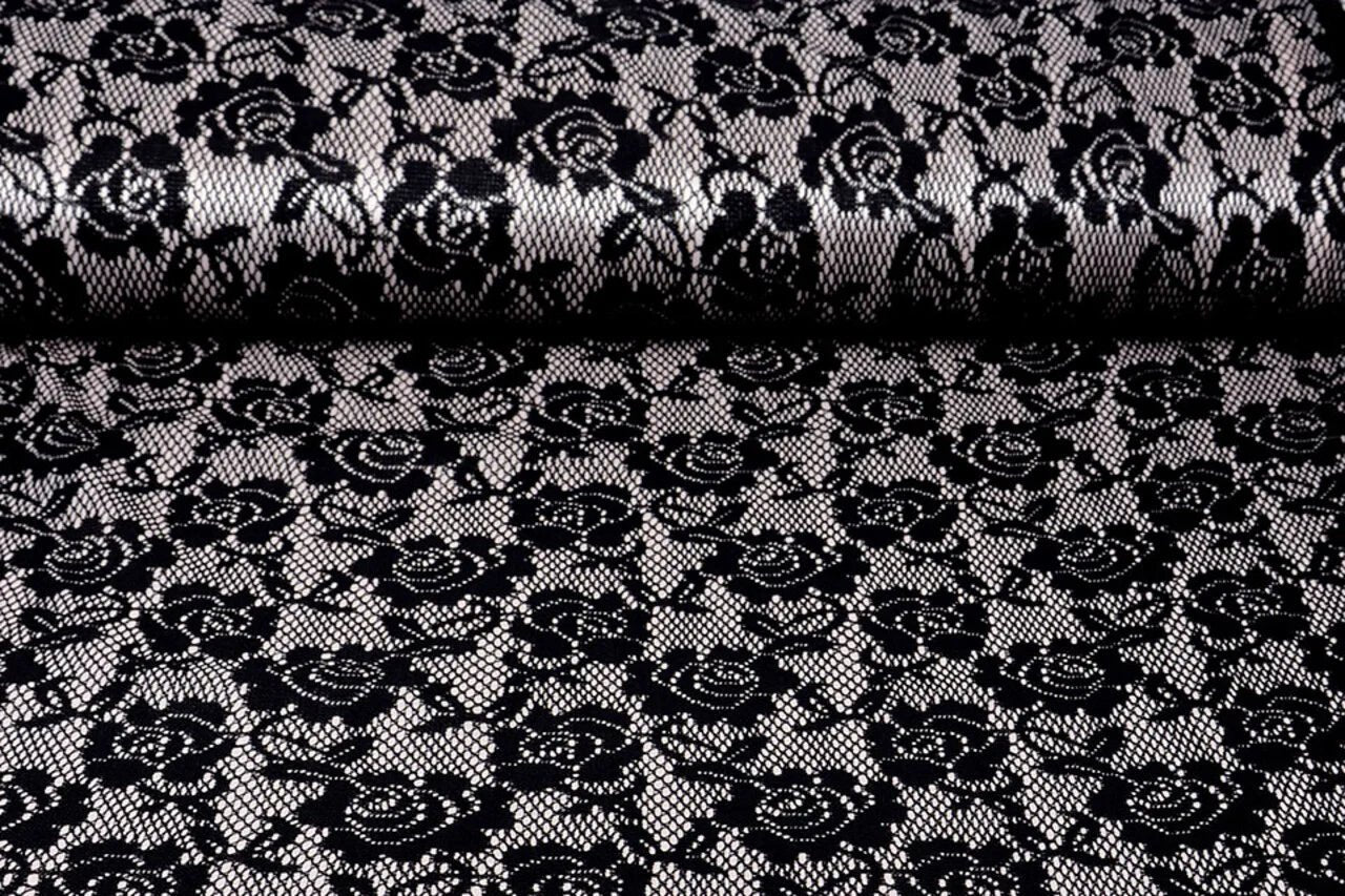 Attēls ar Mežģīņu audums - melns ar balta satīna oderi 155 g/m² – pieejams Šarlotes audumi