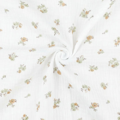 Muslin - flowers on an orange background 130 g/m²