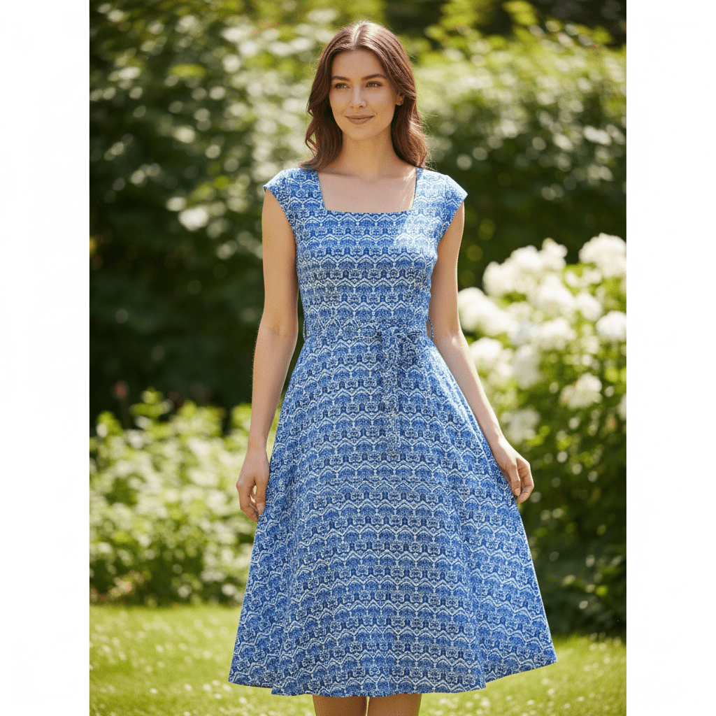 Attēls ar Muslīns - zils ģeometrisks raksts 130 g/m² – pieejams Šarlotes audumi