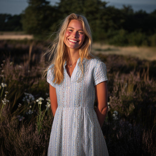 Attēls ar Muslīns - zils līniju uz lapiņu raksts 120 g/m² – pieejams Šarlotes audumi