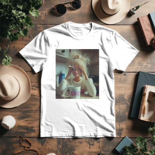image of an organic cotton T-shirt with an ironic mood design – available online, Šarlotes audumi