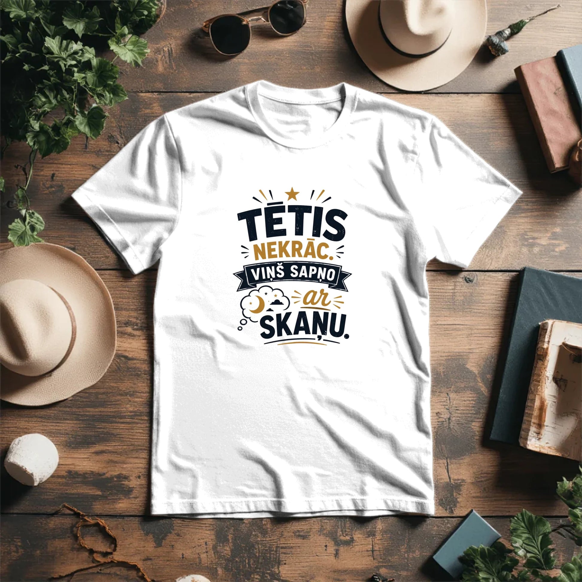 Image of an organic cotton T-shirt "Dad doesn't snore!" available online at Charlotte's Fabrics