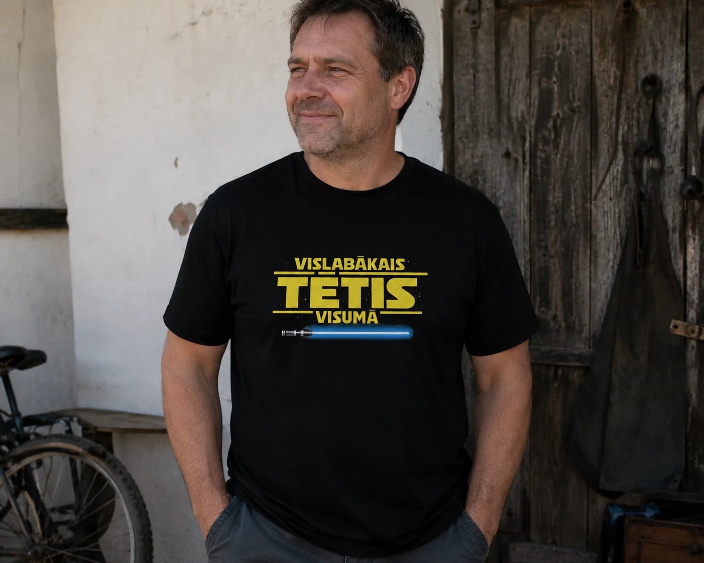 Image of organic cotton T-shirt "Best Dad in the Universe" – available online at Charlotte's Fabrics