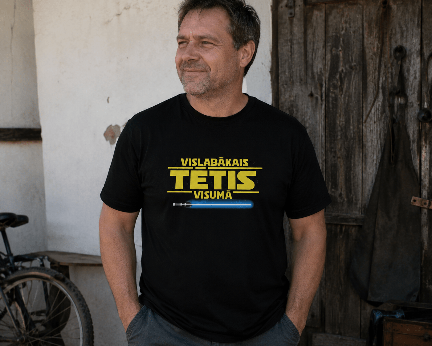 Image of organic cotton T-shirt "Best Dad in the Universe" – available online at Šarlotes audumi