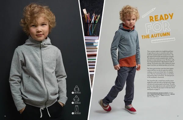 Attēls ar OTTOBRE design Kids 4/2018 – bērnu apģērbu piegrieztņu žurnāls angļu valodā – pieejams internetā Šarlotes audumi