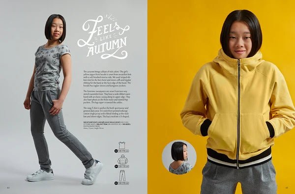 Attēls ar OTTOBRE design Kids 4/2018 – bērnu apģērbu piegrieztņu žurnāls angļu valodā – pieejams internetā Šarlotes audumi