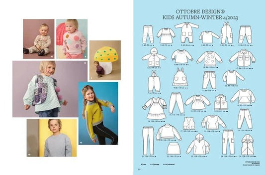 Attēls ar OTTOBRE design Kids 4/2023 – bērnu apģērbu piegrieztņu žurnāls angļu valodā – pieejams internetā Šarlotes audumi