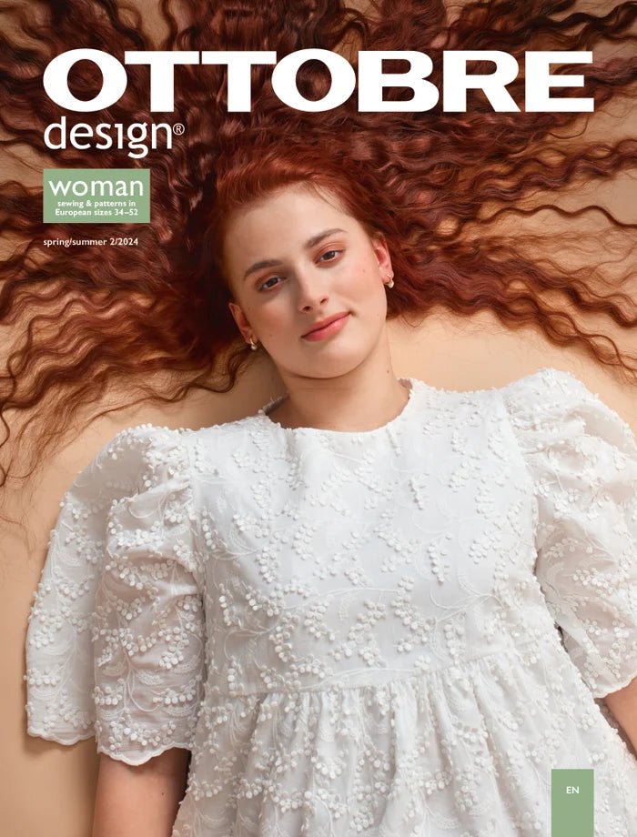 Attēls ar OTTOBRE design Woman 2/2024 – sieviešu apģērbu piegrieztņu žurnāls angļu valodā – pieejams internetā Šarlotes audumi