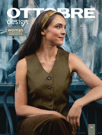 Attēls ar OTTOBRE design Woman 5/2023 – sieviešu apģērbu piegrieztņu žurnāls angļu valodā – pieejams internetā Šarlotes audumi