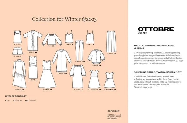 Attēls ar OTTOBRE design Woman 6/2023 – sieviešu apģērbu piegrieztņu žurnāls angļu valodā – pieejams internetā Šarlotes audumi