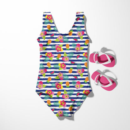 Image d’un tissu de maillot de bain en lycra avec protection UPF50 – motif tropical en lignes 200 g/m² – disponible chez Šarlotes audumi